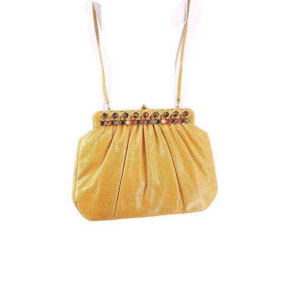 Judith Leiber lizard karung yellow jeweled leather shoulder bag clutch vintage - Picture 2 of 10